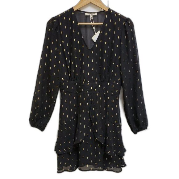 Free Generation Dress Sz M Black Gold V Neck Ruffled Dress Long Slv Party Office - Picture 1 of 12